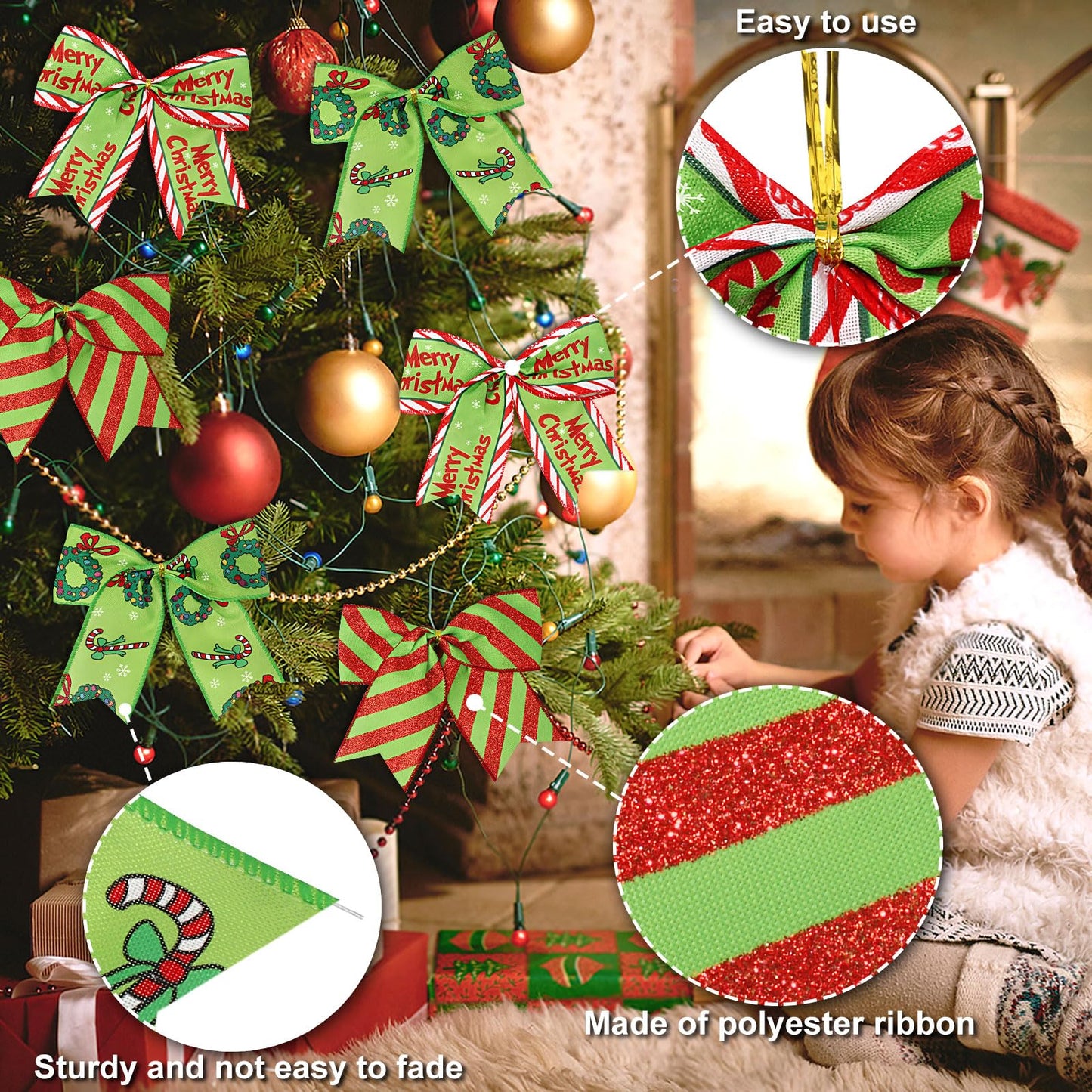 WinPion 12 Pcs Christmas Bows,6 Inch Large Red Green Christmas Wreaths Bows for Tree Gift Wrapping Garland,Holiday Decorations Party Crafts Tree Ribbon Ornaments