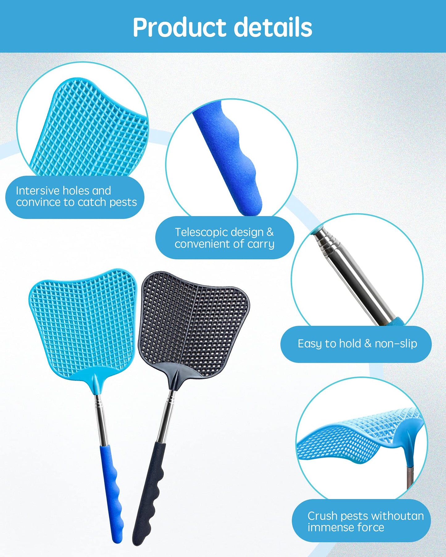 CUNCUI Fly Swatter Set of 2, Telescopic Fly Swatters-Black & Blue