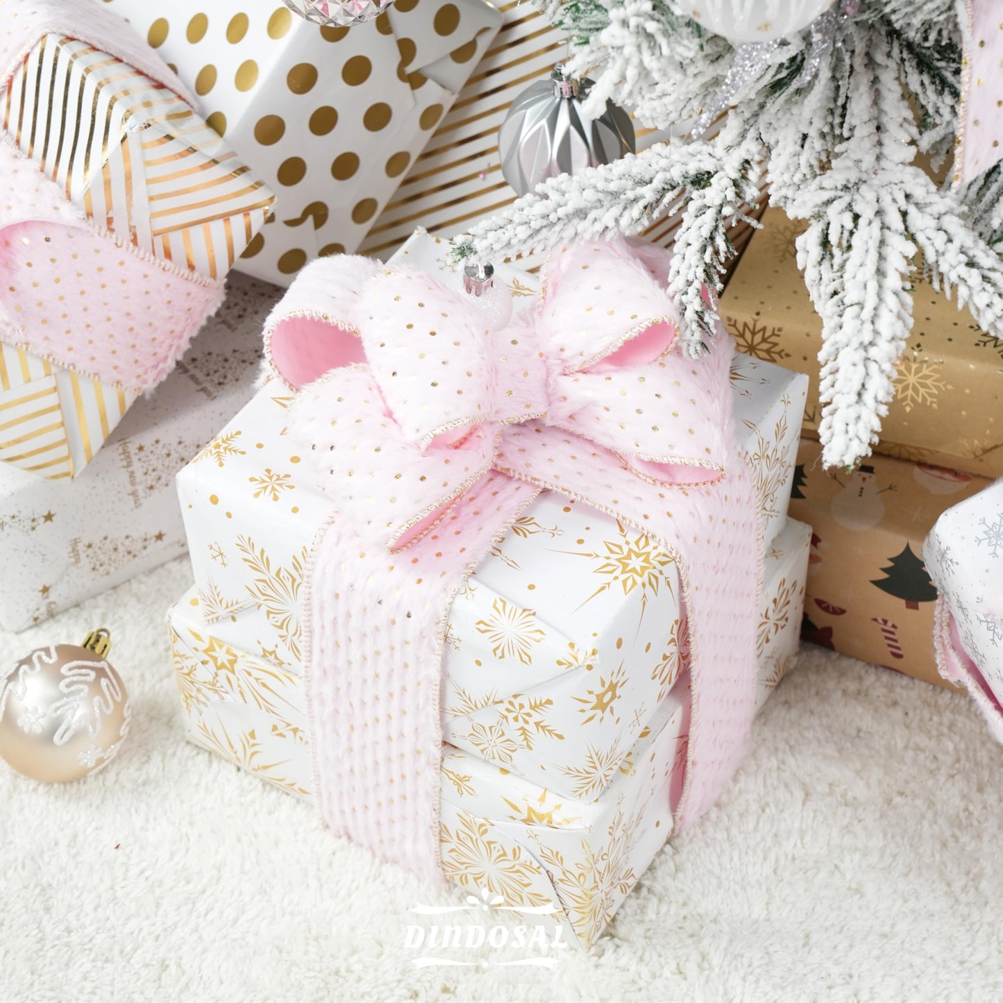 DINDOSAL Pink and Gold Christmas Ribbon 2.5" X 10 Yards Pink Faux Fur Wired Ribbon for Christmas Tree Decoration, Polka Dot Ribbon Wired for Bows, Wreaths, Garlands, Gift Wrapping, Home Decor