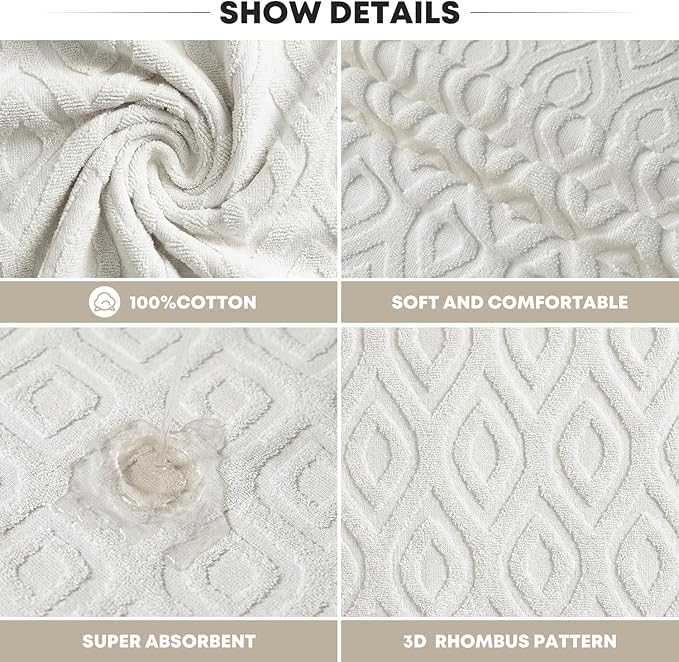 Artoid Mode 2 Pcs White 3D Diamond Grid Jacquard Hand Towels
