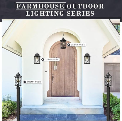 zeyu 14.6 Inch Outdoor Porch Light, Farmhouse 1-Light Outdoor Wall Sconce, Die-Cast Aluminum in Black Finish, Clear Water Ripple Glass, ZX48MB-WG BK