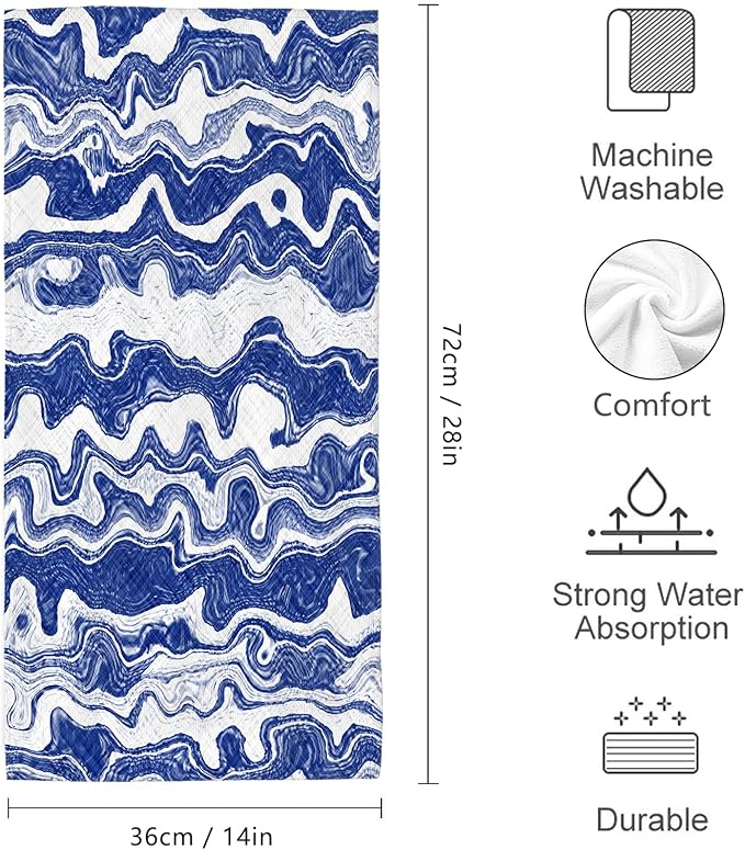 Dark Blue White Waves Striped Hand Towels Bathroom Sets of 2 Modern Abstract Beach Ocean Themed Navy Bath Hand Towels for Bathroom Swim Yoga Spa Home Decorative Gifts 14x28 Inch