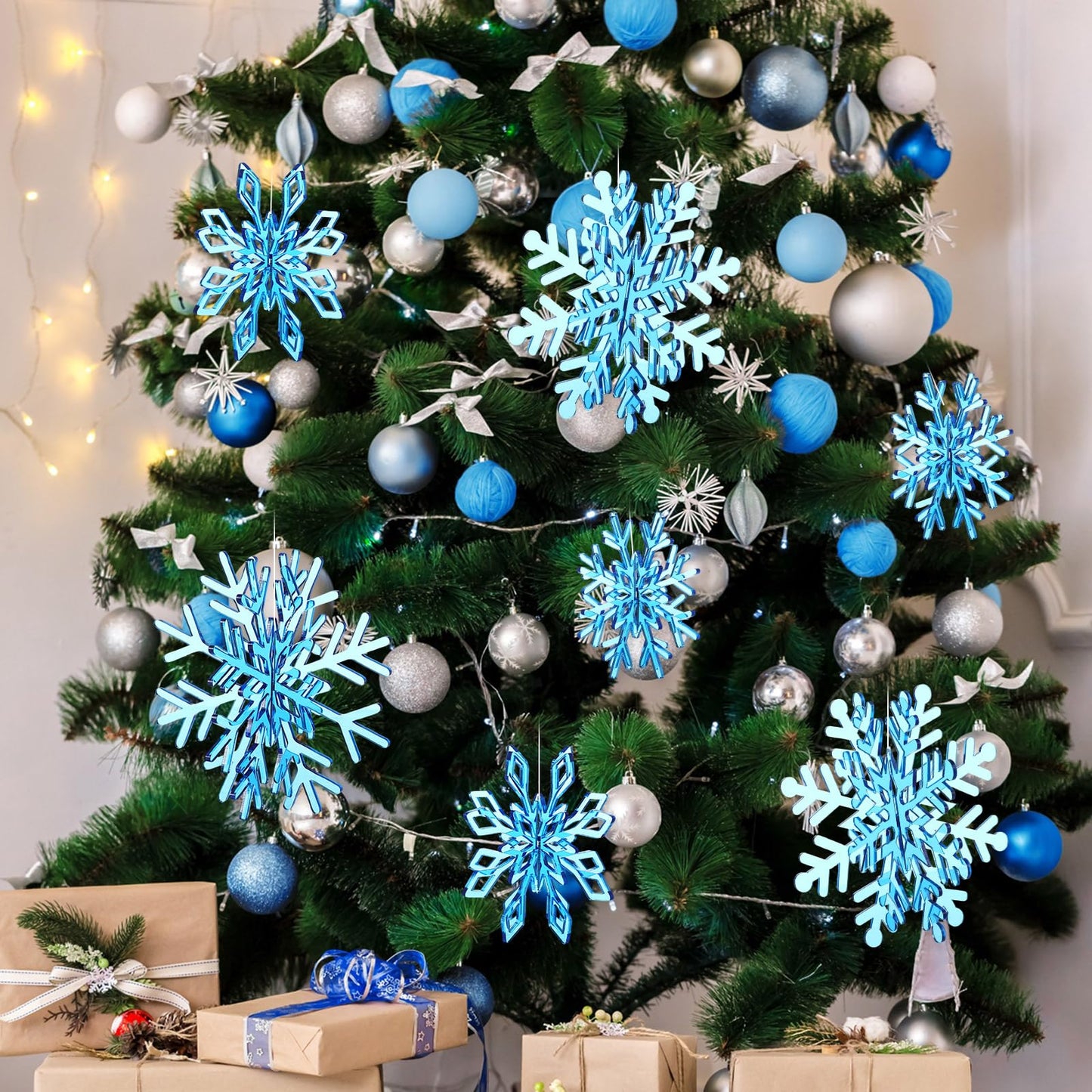 Yousoontic Set of 8 Winter 3D Acrylic Snowflake 16 Pcs Acrylic Snowflake Table Decorations Tabletop Centerpiece for Winter Party Wedding New Year(Blue)