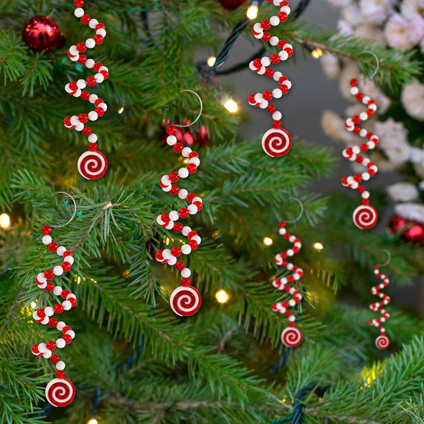 Jansun Candy Christmas Ornaments, 12 Pcs Curly Candy Cane Shape Christmas Tree Decorations Red and White Decorations for Home, Wreath, Vase, Crafts and Xmas Tree