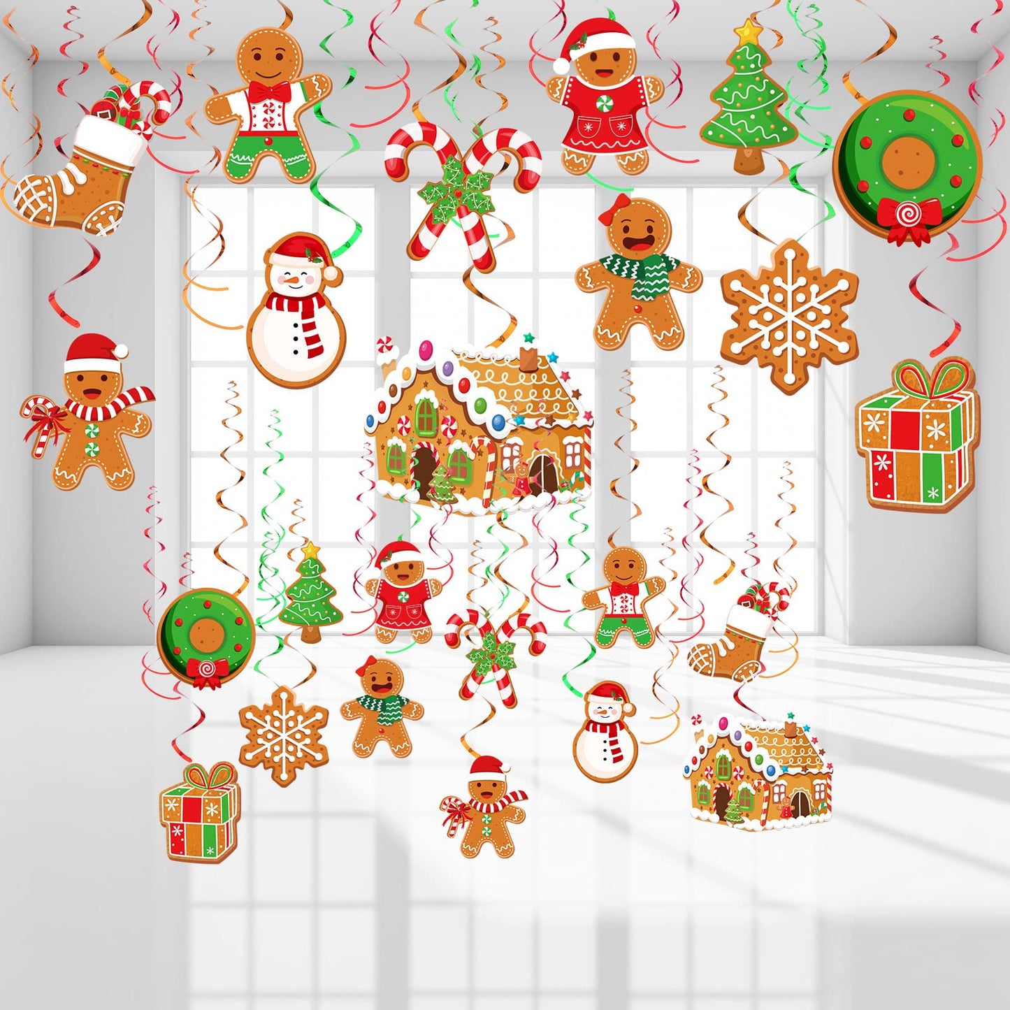 52 Pcs Christmas Gingerbread Man Party Hanging Swirl Decorations, Merry Gingerbread Man Snowflake Christmas Tree Ceiling Hanging Streamers Swirl for Xmas Winter New Year Holiday Party Supplies
