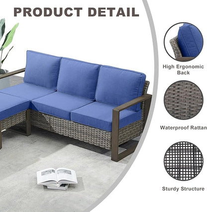 Rilyson Outdoor Wicker Patio Furniture Set - 6 Piece Patio Conversation Set with 2 Wicker Swivel Rocker Chairs,2 Rattan Ottoman,1 Side Table and 1 Couch,Thick Cushions,Deep Seating(Mixed Grey/Blue)