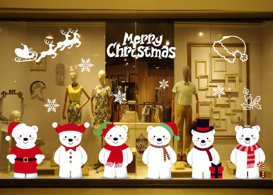 Yusongirl Christmas 6 Cute Bears Windows Stickers Decoration Snowflakes Bear Double Sided Electrostatic PVC Sticker Glass Door Fridge Showcase Window Clings Winter Holiday New Year Decals