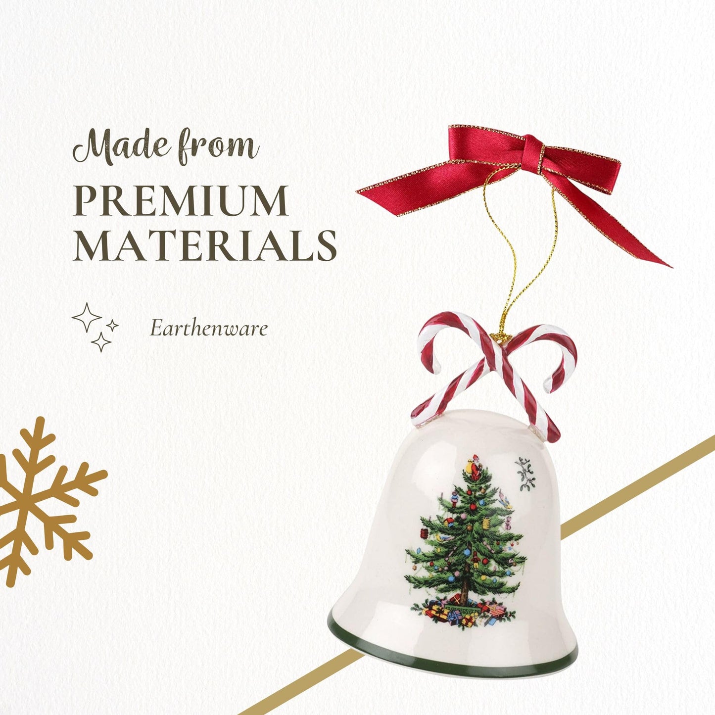 Spode Christmas Tree Candy Cane Bell Ornament, Elegant Hanging Decoration for Christmas Trees - Holiday Home Accents & Festive Ornament - Thoughtful Keepsake & Gift for Friends & Family