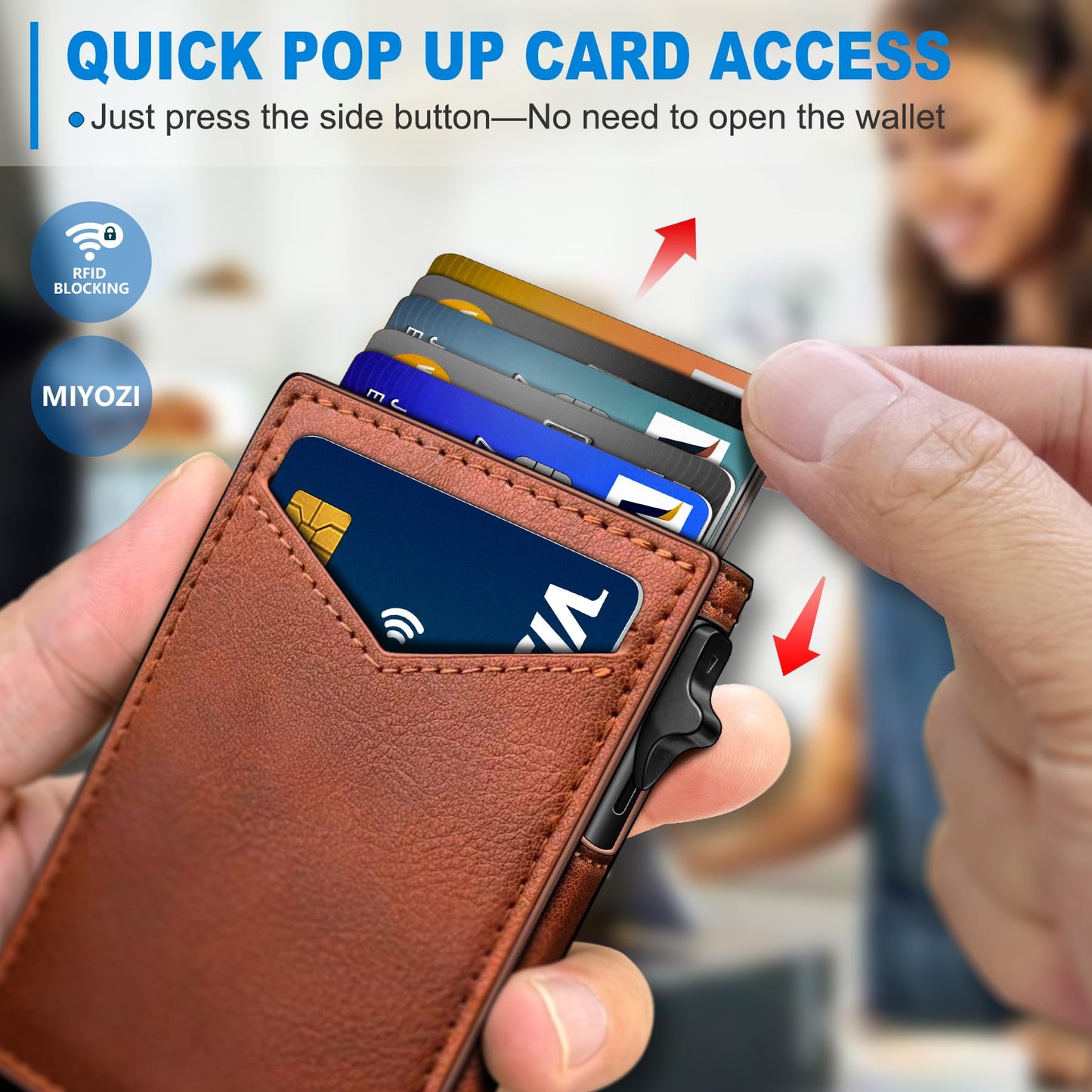 miyozi Wallet for Men, Slim Pop Up Card Holder - RFID Blocking Minimalist Bifold Wallet with ID Window, Holds 9-11 Cards & Stretchable Strap, Metal Flip Case with Magnetic Closure, Gift Box