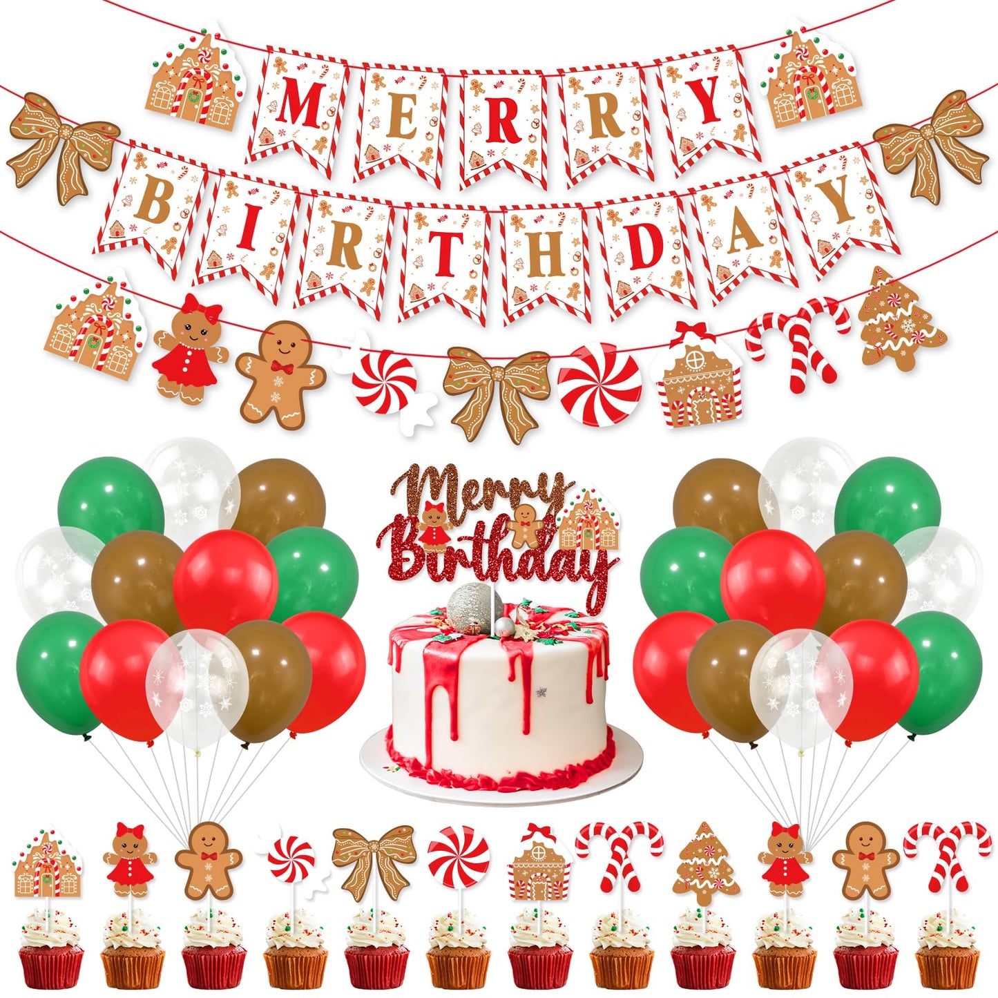 Christmas Birthday Party Decorations, Cute Bows and Gingerbread Merry Birthday Banner Cake Topper Red Green Snowflake Balloons for Gingerbread Christmas Decorations Holiday Party Supplies