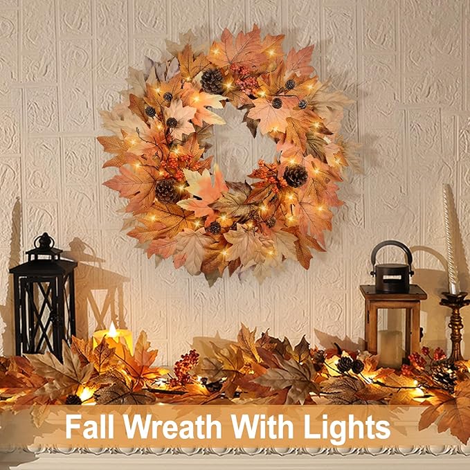 22 Inch Fall Wreaths for Front Door Outside Timer Function Pinecones Berries Autumn Fall Wreaths with 30 Warm Lights Decorations for Home Wall Porch Door Yard Harvest Mantle Fireplace Window Decor