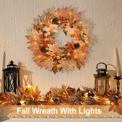 22 Inch Fall Wreaths for Front Door Outside Timer Function Pinecones Berries Autumn Fall Wreaths with 30 Warm Lights Decorations for Home Wall Porch Door Yard Harvest Mantle Fireplace Window Decor