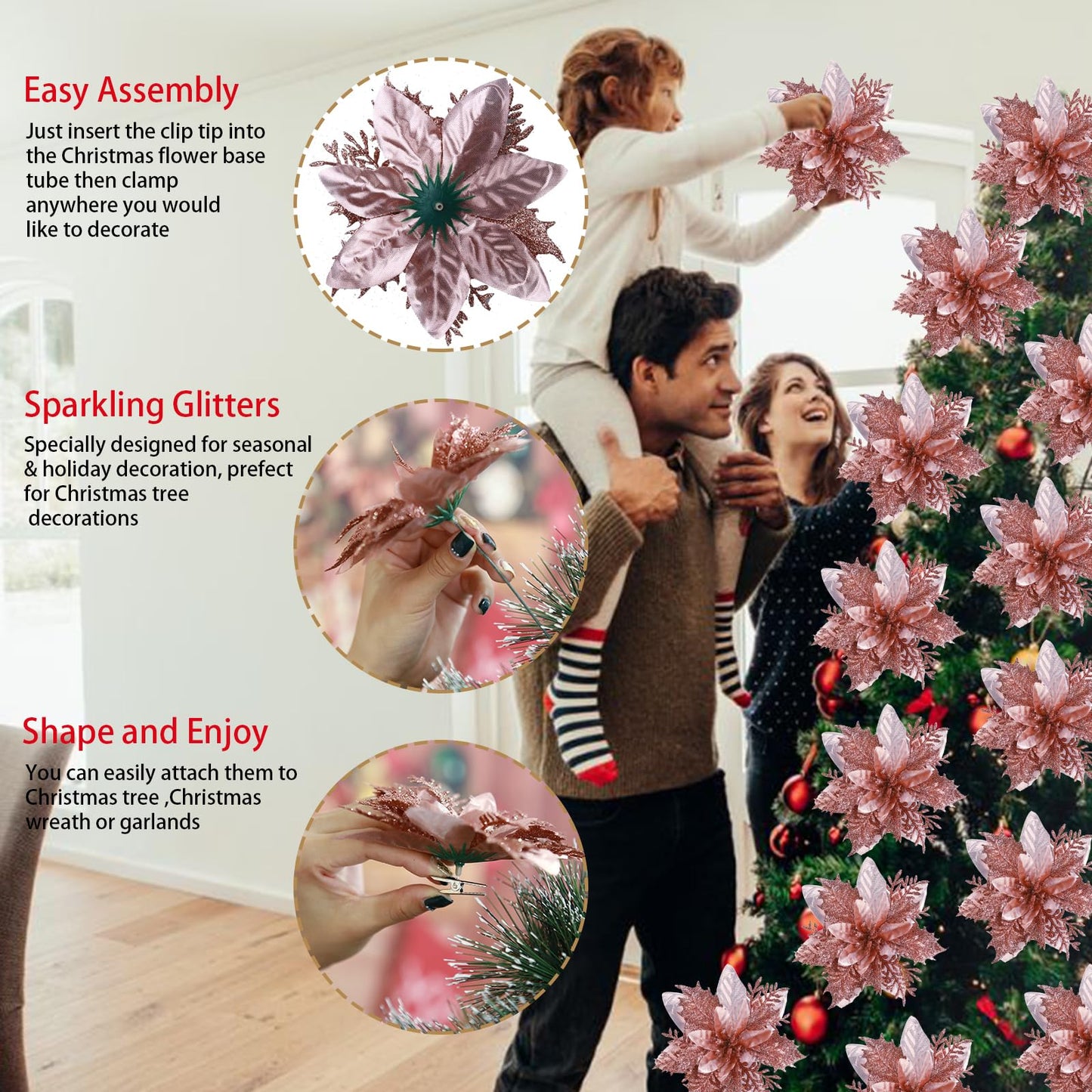 GREENTIME 12 Pcs Glitter Poinsettia 5.5" Artificial Flowers Christmas with Clips Stems Xmas Tree Ornaments for New Year Party Stairs Fireplace Porch Balcony Garden Church Wreath Decoration (Champagne)