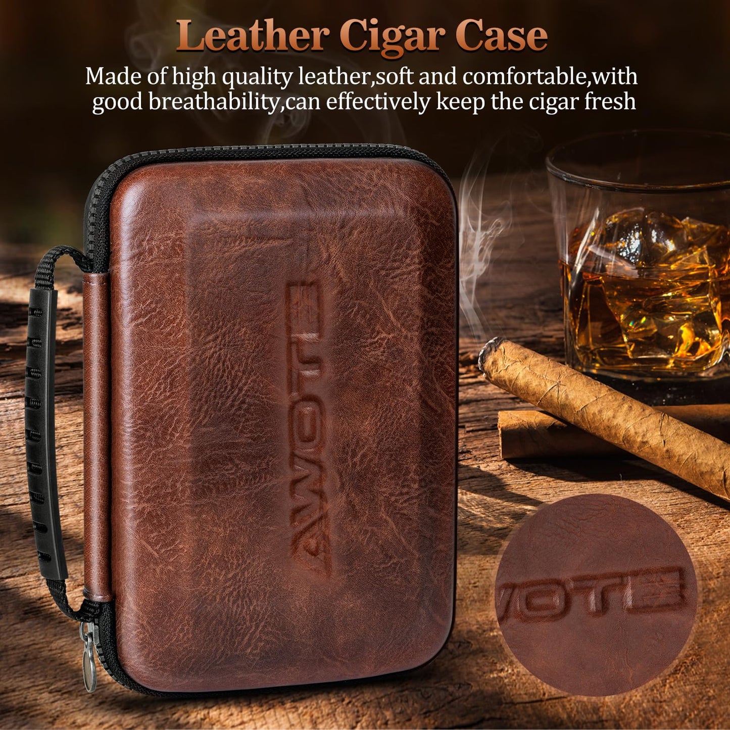 AWOTE Travel Cigar Humidor Case, Portable Cigar Bag with 4 Cigar Tubes, Leather Cigar Case Include Straight Cutter, V Cutter, Hole Puncher, Gift Set for Cigar Lovers, Lighter not included (Brown)