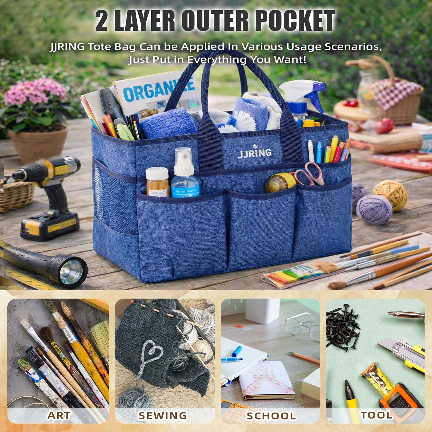 JJRING Large Art Supply Storage Tote Bag With 2 Mesh Side Pockets & Front Elastic Pockets – Sturdy Craft Organizer Caddy with Reinforced Bottom For Sewing, Scrapbooking, Teachers & Artists(Blue)