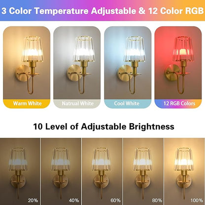 Battery Operated Wall Sconces set of Two,Wireless Wall Sconces with 5000 mAh Bulb and Remote,LED 15 Colors Rechargeable Gold Wall Sconce with Crystal for Bedroom Living Room Hallway Wall Decor
