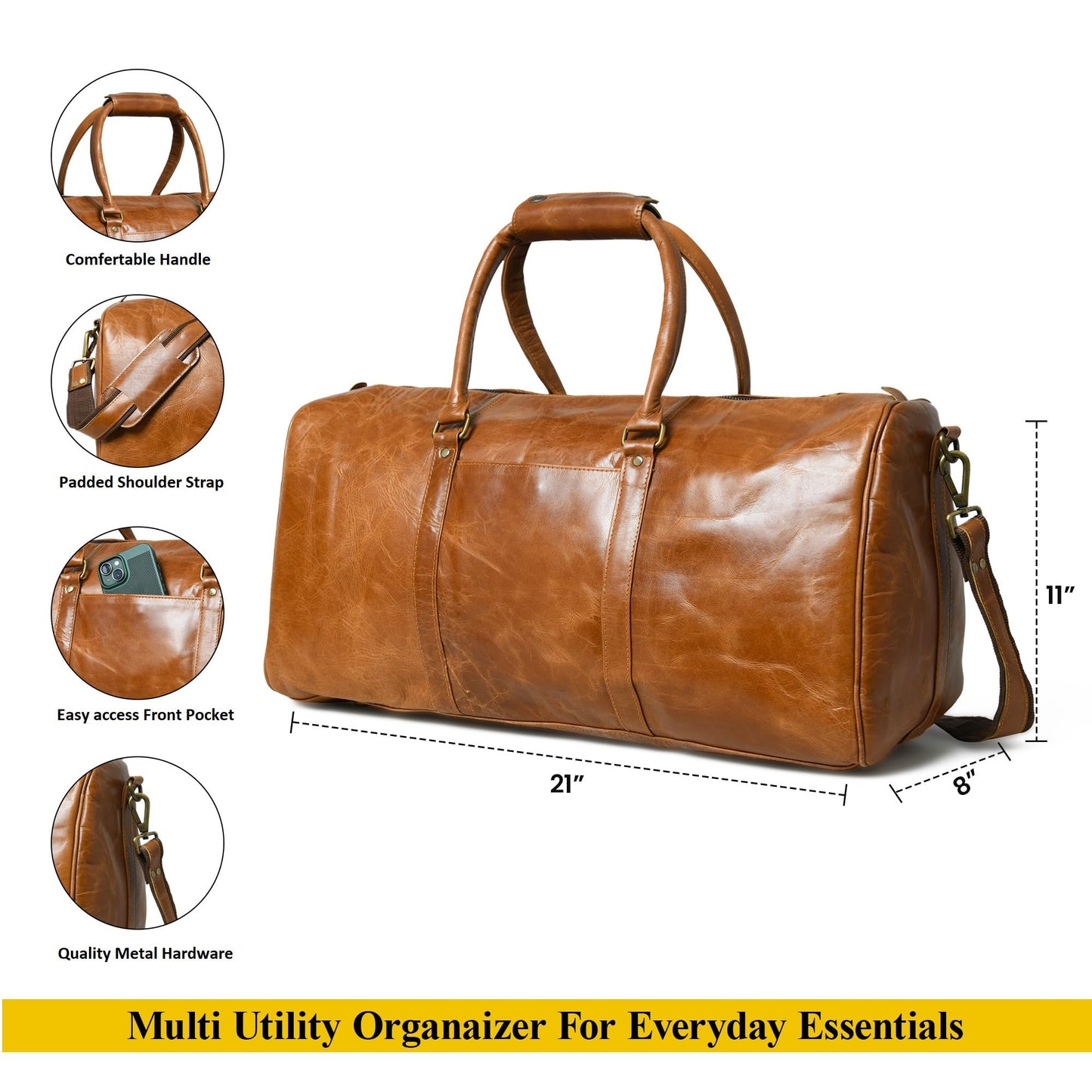 Duffle Bag For Men and Women, 21 Inch Vintage Buffalo Leather Travel Duffle Bag, Genuine Carry On Overnight Bag, Weekender Gym Bag with Shoulder Strap, Carry on Airplane Luggage Bags