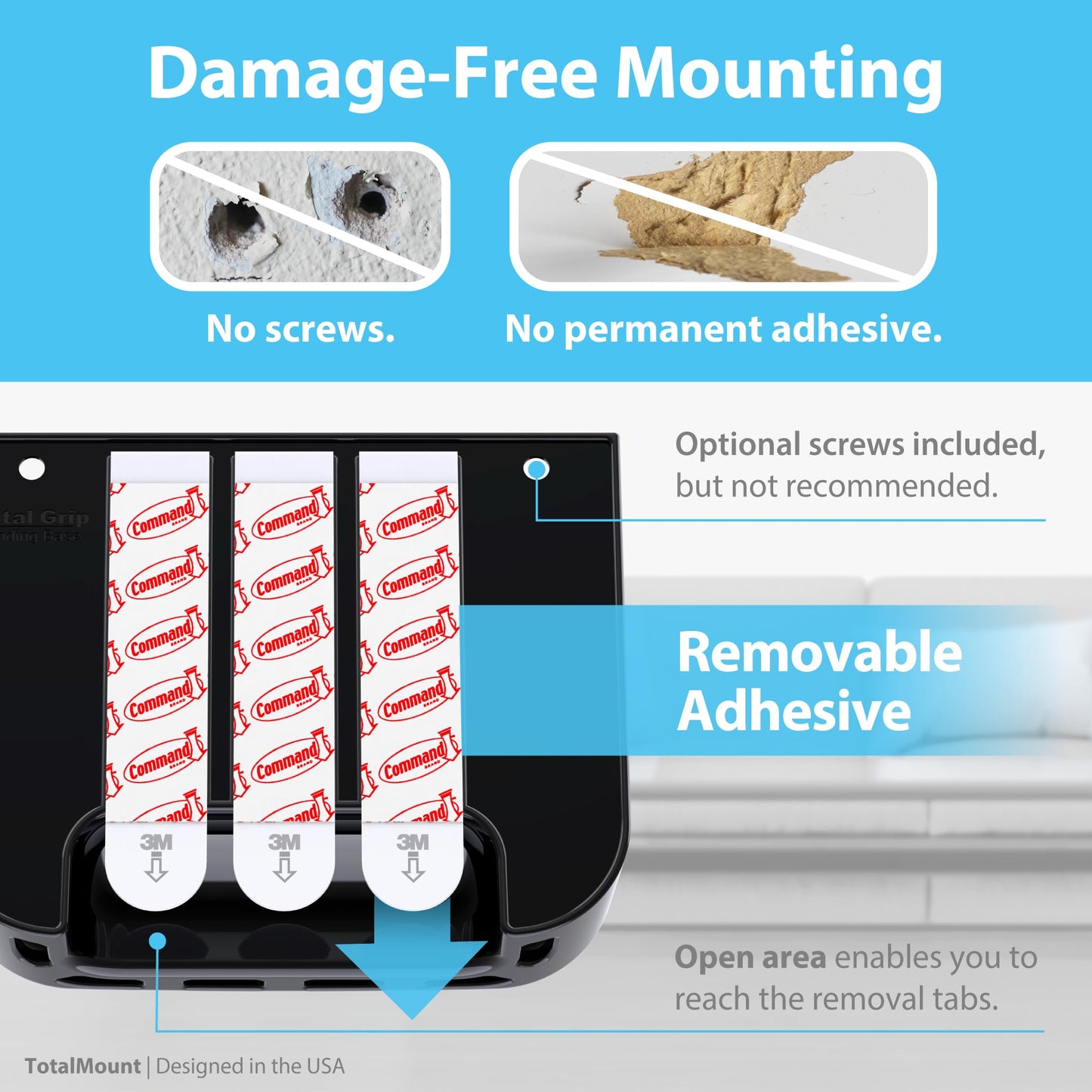 TotalMount Hole-Free Remote Holder – Eliminates Need to Drill Holes in Your Wall (for 2 or 3 Remote Controls – Black – Quantity 1)
