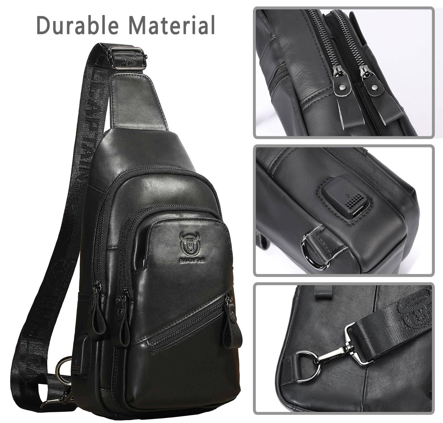 Leather Sling Bag for Men Crossbody Backpack with USB Charging Port Casual Daypack for Hiking Shoulder & Chest Bag Purse (Black)