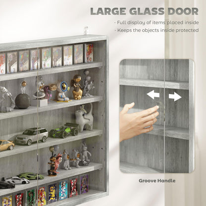 HOMCOM 5-Tier Display Cabinet, Glass Door Cabinet with Adjustable Shelves, Wall-Mounted Display Case for Playroom, Bedroom, Gray