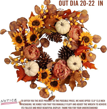 Artificial Fall Autumn Wreath 22 in with Sunflower,Peony,Pumpkin, Eucalyptus Leaf for Front Door Thanksgiving Wreaths Wall Window Harvest Festival Celebration