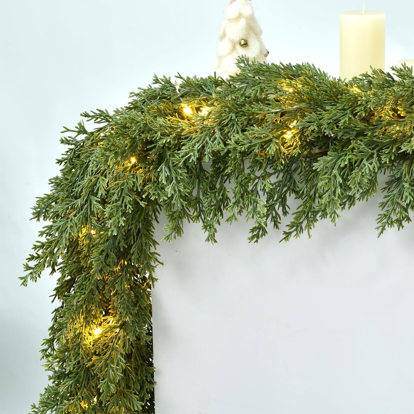 Lvydec Lighted Christmas Pine Garland Decoration, 9ft Realistic Cedar Cypress Garlands Christmas Greenery Garland with Lights for Holiday Mantel Fireplace Table Centerpiece (9ft)