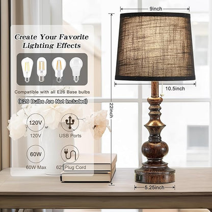 22'' Bedside Lamps for Bedroom Set of 2 Rustic Farmhouse Nightstand Lamps with USB A+C Charging Ports Traditional Table Lamps for Living Room Office, Wooden Finish, Black, Bulbs Not Include
