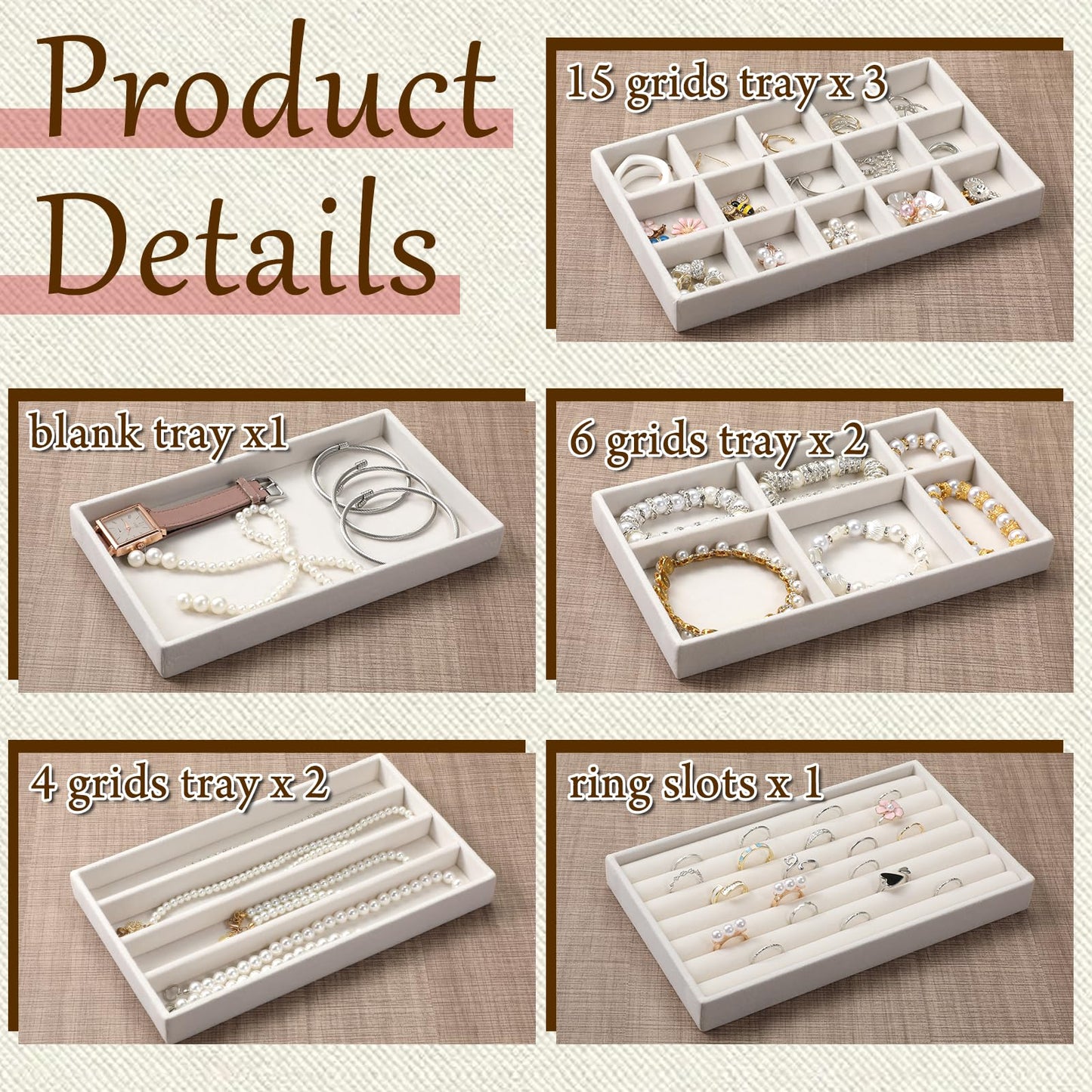 Exclaith 9 Set Velvet Jewelry Drawer Organizer Inserts, Stackable Jewelry Organizer Trays with Removable Dividers, Jewelrys Storage Display Tray, for Earring Ring Necklace Watch Bracelet, Beige
