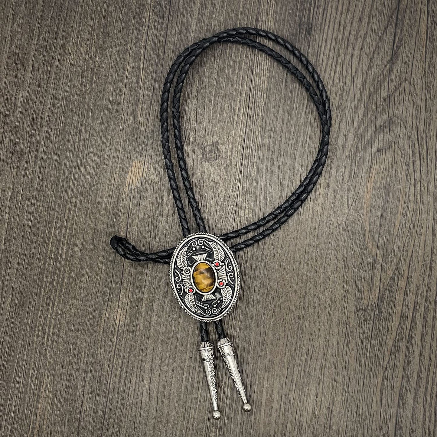 YOQUCOL Vintage Indian Art Tiger Eye Stone Black Bolo Tie American Western Cowboy Leather Necktie for Men Women
