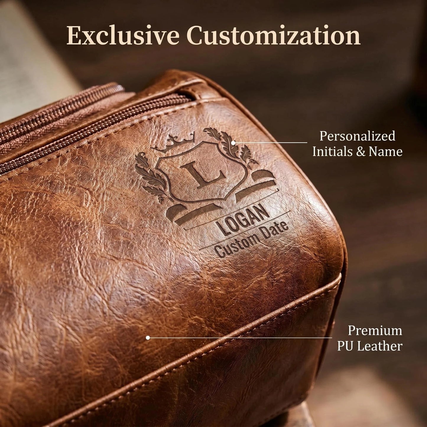 VBAIFAyy Personalized Leather Toiletry Bag for Men, Custom Engraved Hanging Dopp Kit with Name, Waterproof Travel Shaving Organizer, Durable Multi-Pocket Gift for Dad Husband Uncle Groomsmen Christmas