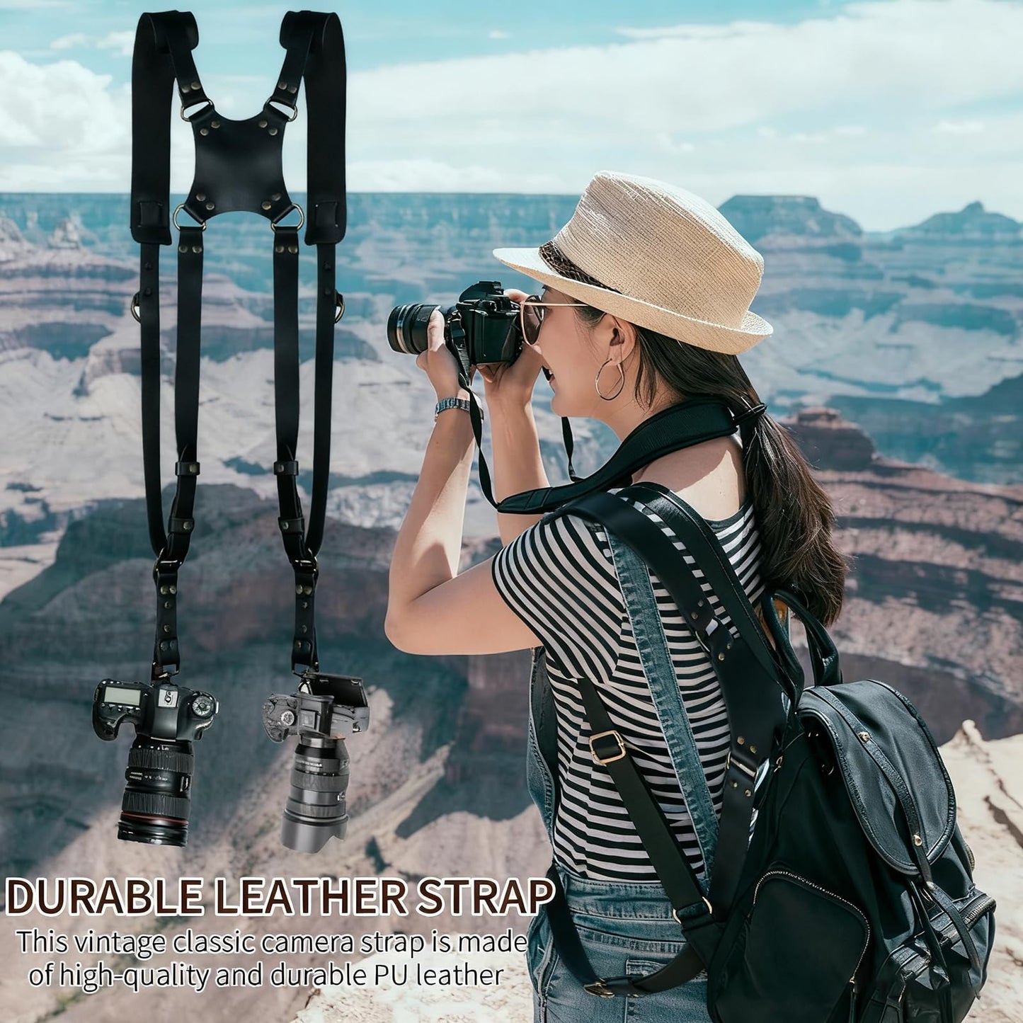 YIHAOSSING Camera Harness,Black Camera Straps for Photographers,Leather Dual Camera Strap for Two DSLR/SLR Cameras (black)