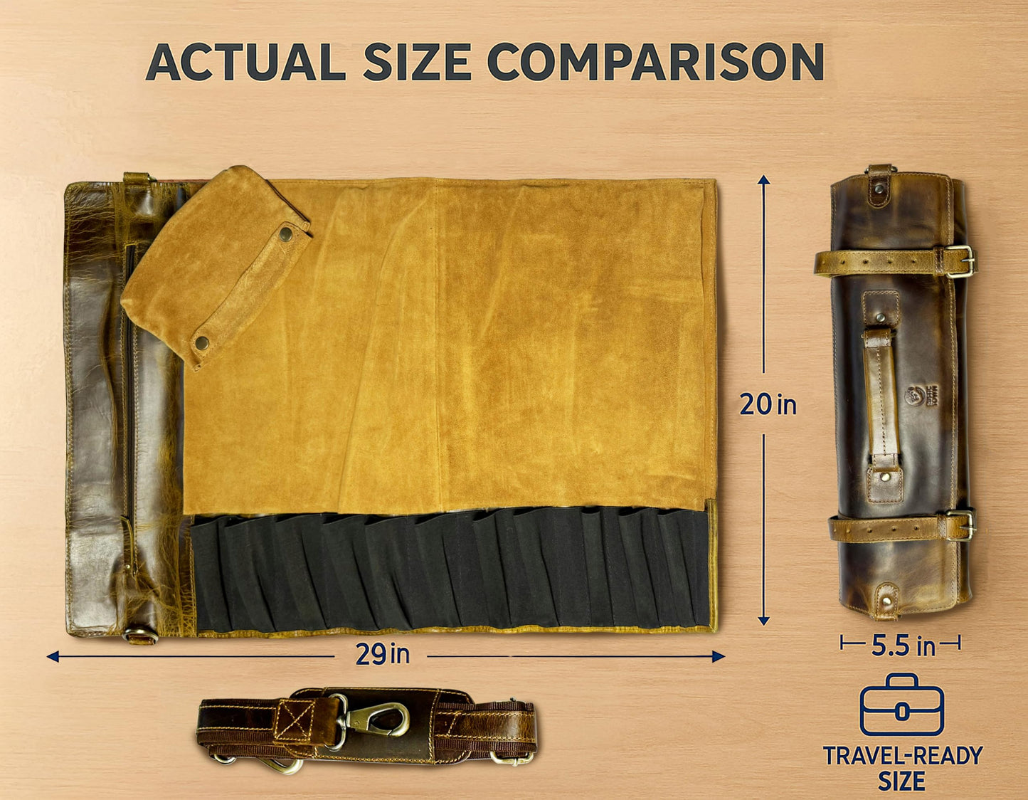 Rustic Town Genuine Leather Chef Knife Roll All Purpose Chef Roll, Brown, L, Knives Organiser