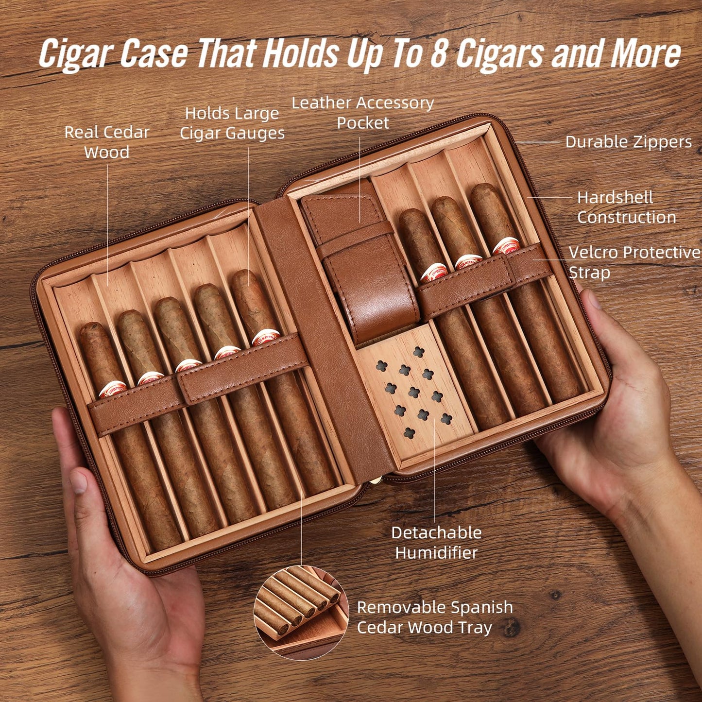 OTAKOKIT Portable Cigar Humidor, Leather Cedar Wood Cigar Case with Cigar Lighter, V Cut Cigar Cutter, Cigar Punch 3 in 1, Travel Cigar Humidor Box 8 Cigars with Humidifier, Brown