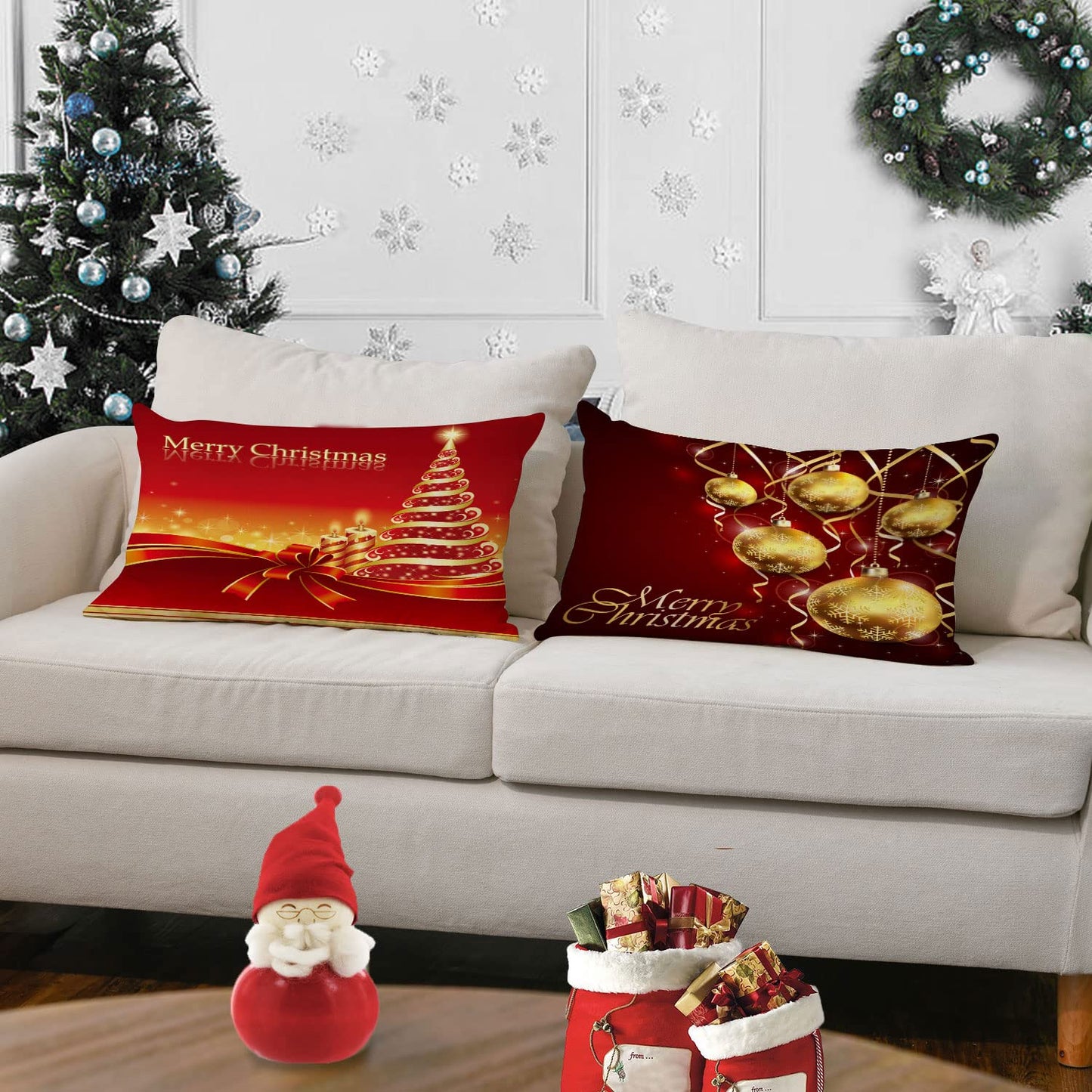 Set of 4 Christmas Pillow Covers 12x20 Inch Xmas Pillow Cases Velvet Throw Pillow Covers Red Gold Winter Holiday Cushion Covers Outdoor Couch Sofa Home Decorations for New Year