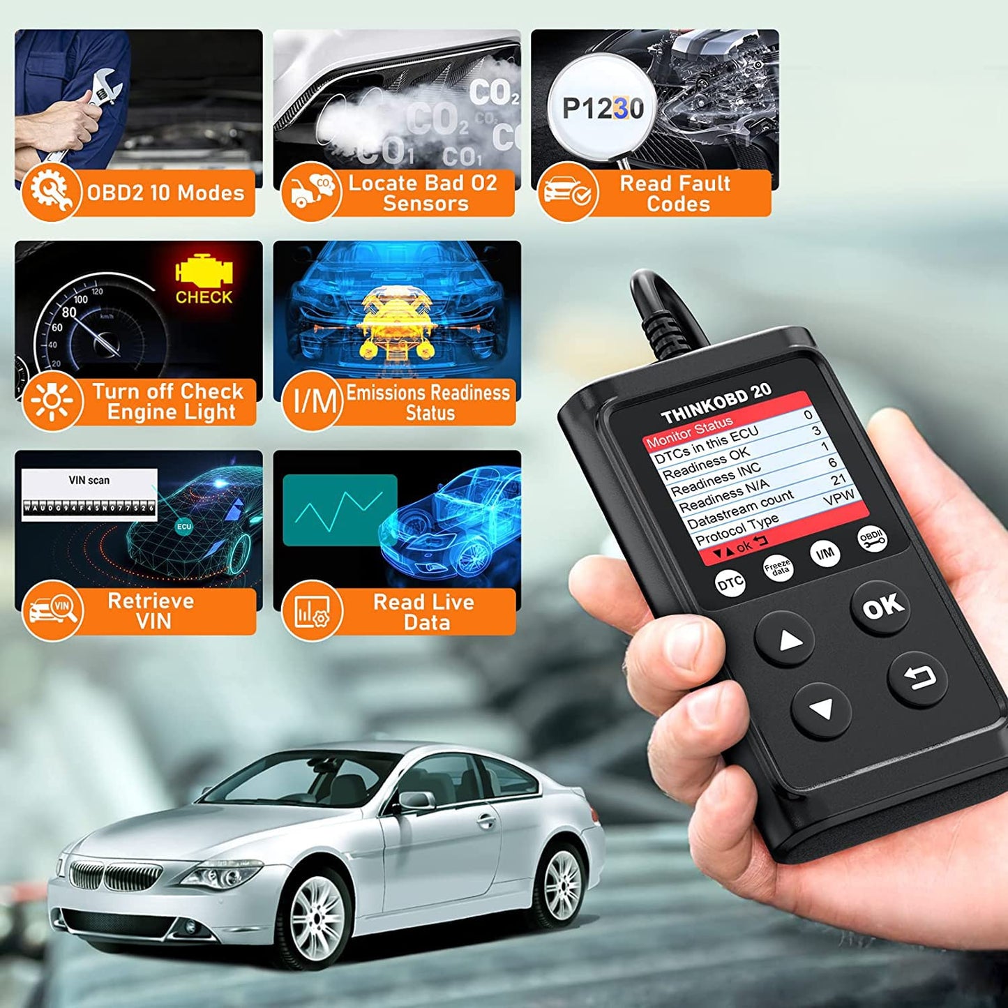 THINKCAR OBD2 Scanner ThinkOBD 20 Code Reader, Clear Engine Fault Light, OBD Reader with Reset EVAP/O2 Sensor Test I/M Readiness Live Data Diagnostic Scan Tool for All OBDII Cars Since 1996