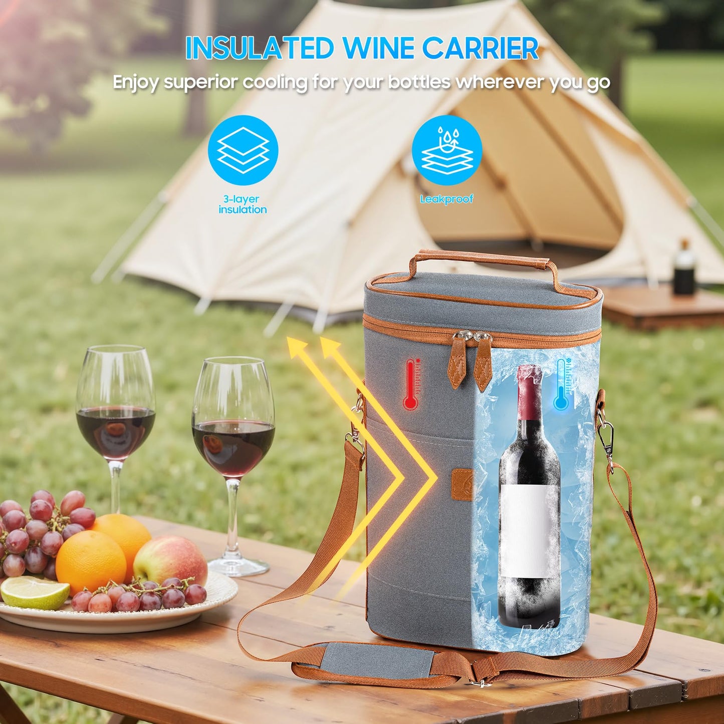 Waxed Canvas Wine Bag Tote for Wine Enthusiast , Insulated Wine Carrier Cooler Travel & Picnics Holds 2 Tall Bottles, Includes Ice Pack Chilling Reusable Tote Bag for Wine Gifts & Outdoor Gatherings
