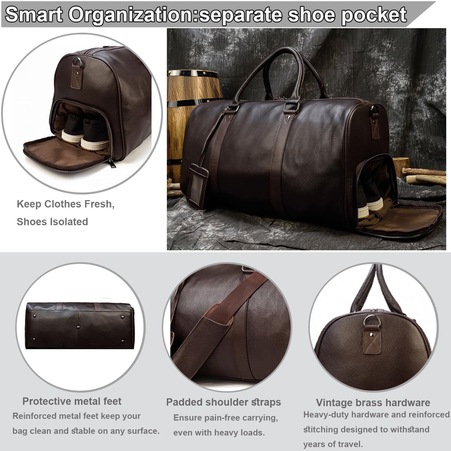 Yevabo Genuine Leather Duffel Bag for Men & Women, Cabin Friendly Carry-On Weekender Bag for Gym Travel Overnight Trips, Brown