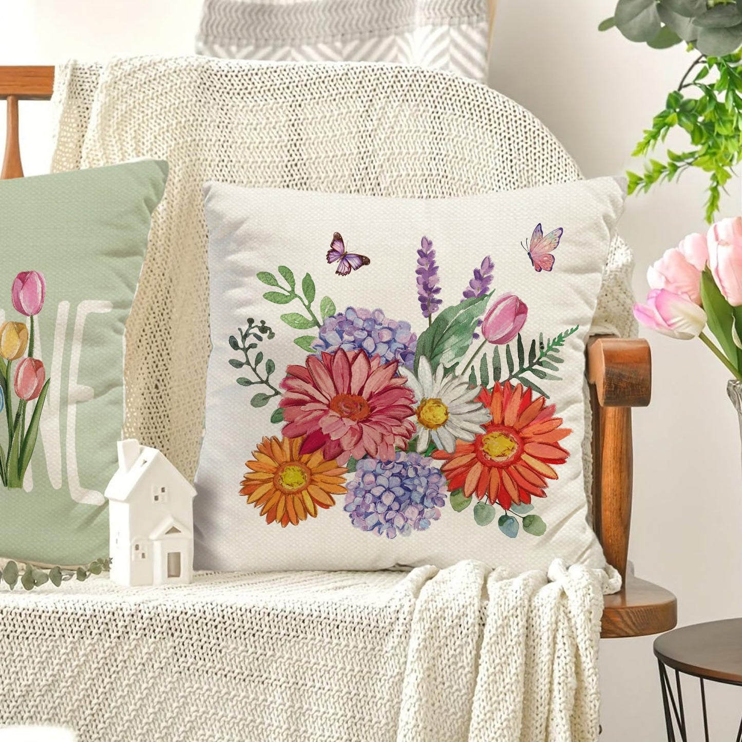 Tikeciti Spring Summer Vibrant Daisies Pillow Covers Blooming Wildflower Vase 18 x 18 Inch Throw Pillows, Hello Sunshine Seasonal Decorative Farmhouse Cushion Case for Sofa Couch Set of 4