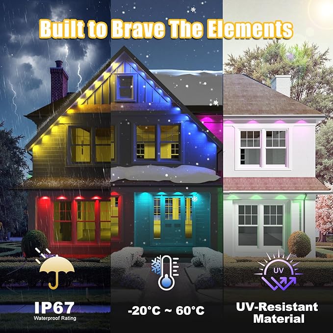 Permanent Outdoor Lights for House, 300ft RGB+IC Smart LED Eaves Lights, IP67 Waterproof Outdoor Lighting with App/Remote Control for Halloween, Christmas, Holiday, Daily, Party