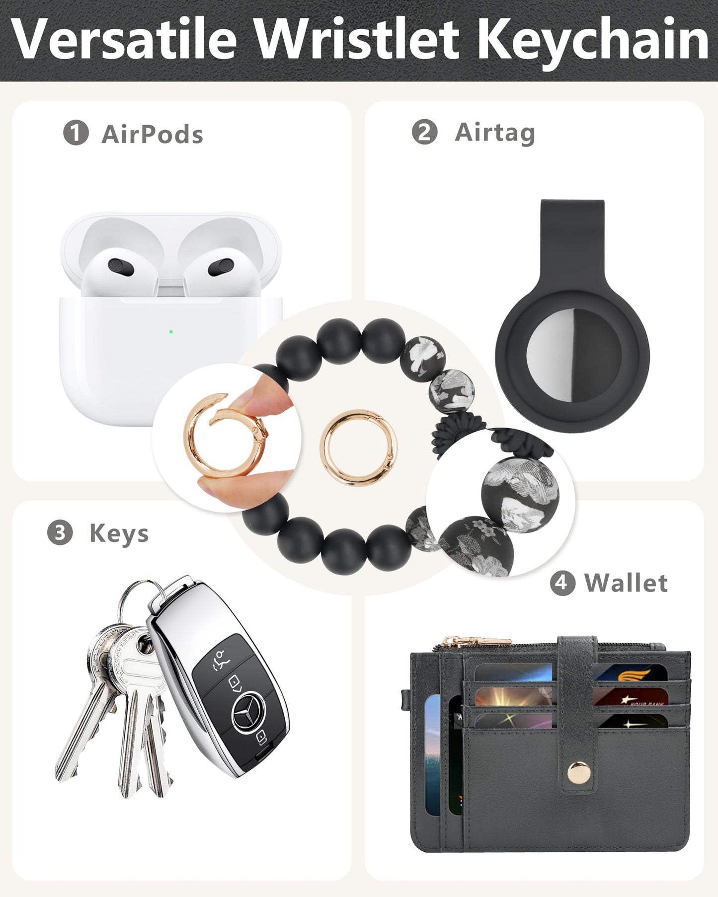 Sunpour Wristlet Wallets for Women Cute Keychain Wallet with AirTag Holder RFID Small Credit Card Holder Boho Beaded Wallet Keychain Wristlet（Black）
