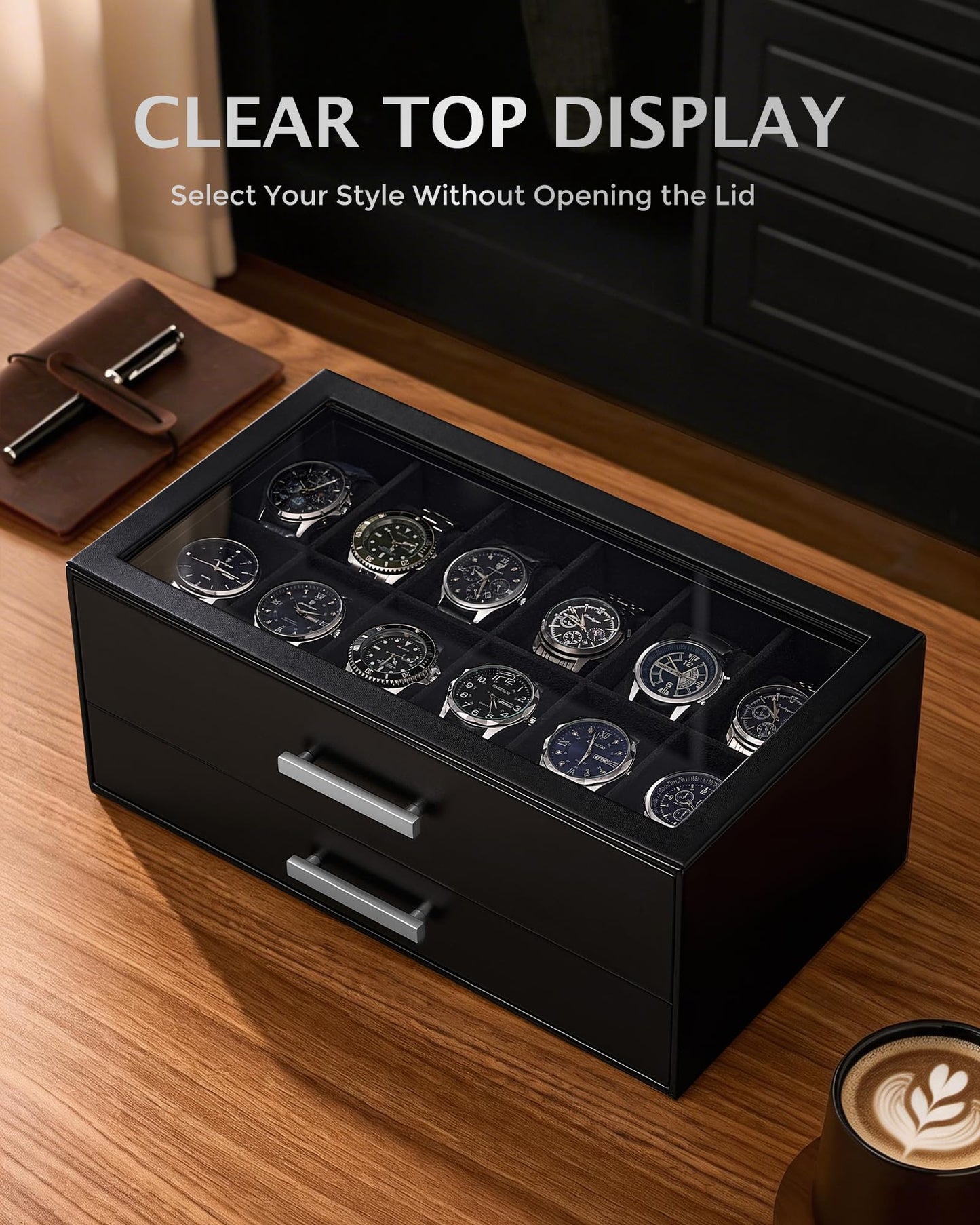 ProCase Black 12 Slot Watch Box and Black 2-Slot Watch Travel Case Bundle, 2-Tier Pull-Out Drawer Organizer, Clear Top Display Lid, Jewelry and Sunglasses Storage, Portable PU Leather Watch Holder