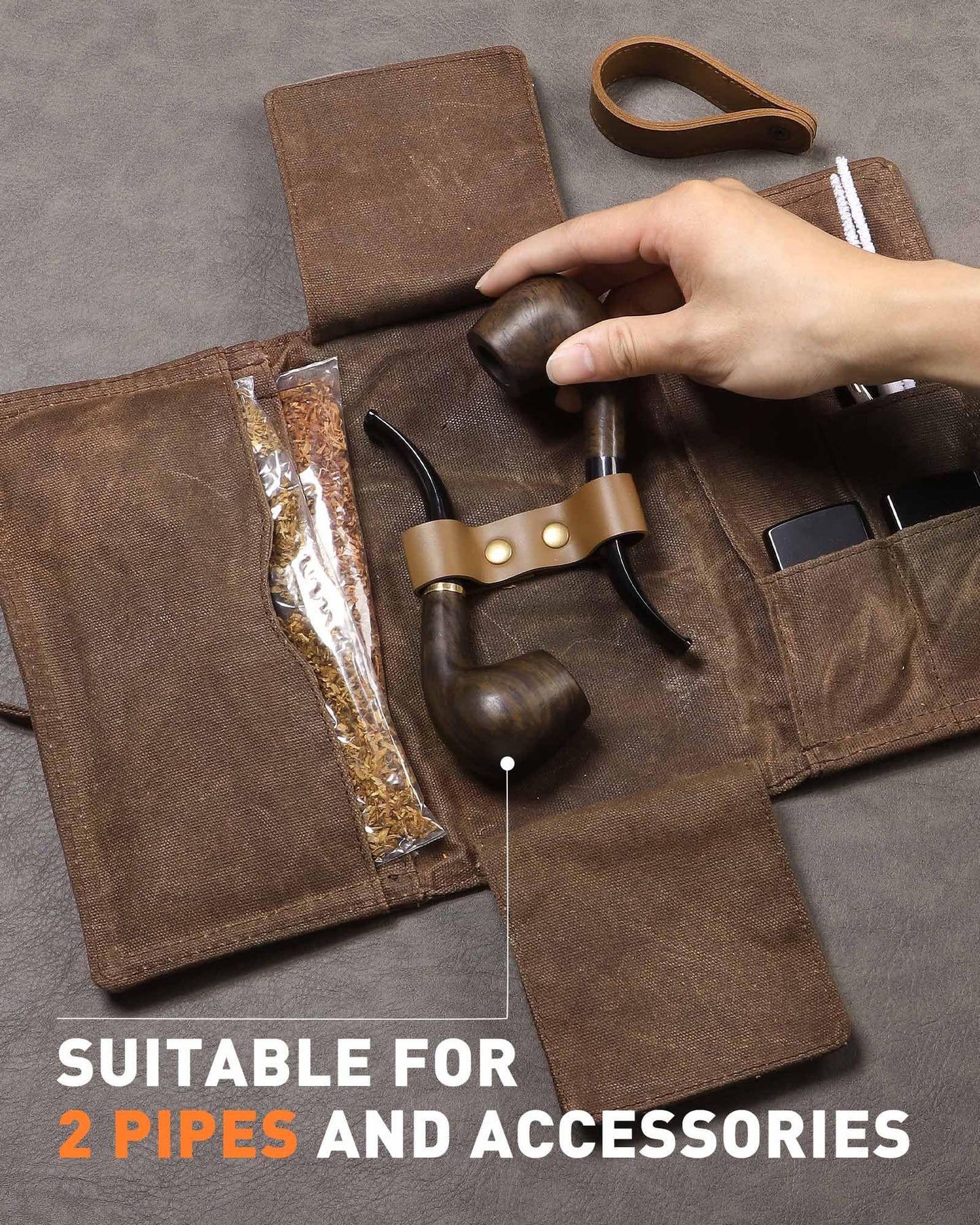 BS-VOG Waxed Canvas Tobacco Pouch for 2 Pipes, Smoking Tobacco Pipe Pouch with Foldable Stand, Smoking Case Bag Accessories Storage Organizer for Travel, Daily Use & Gift (Pipes Not Included)
