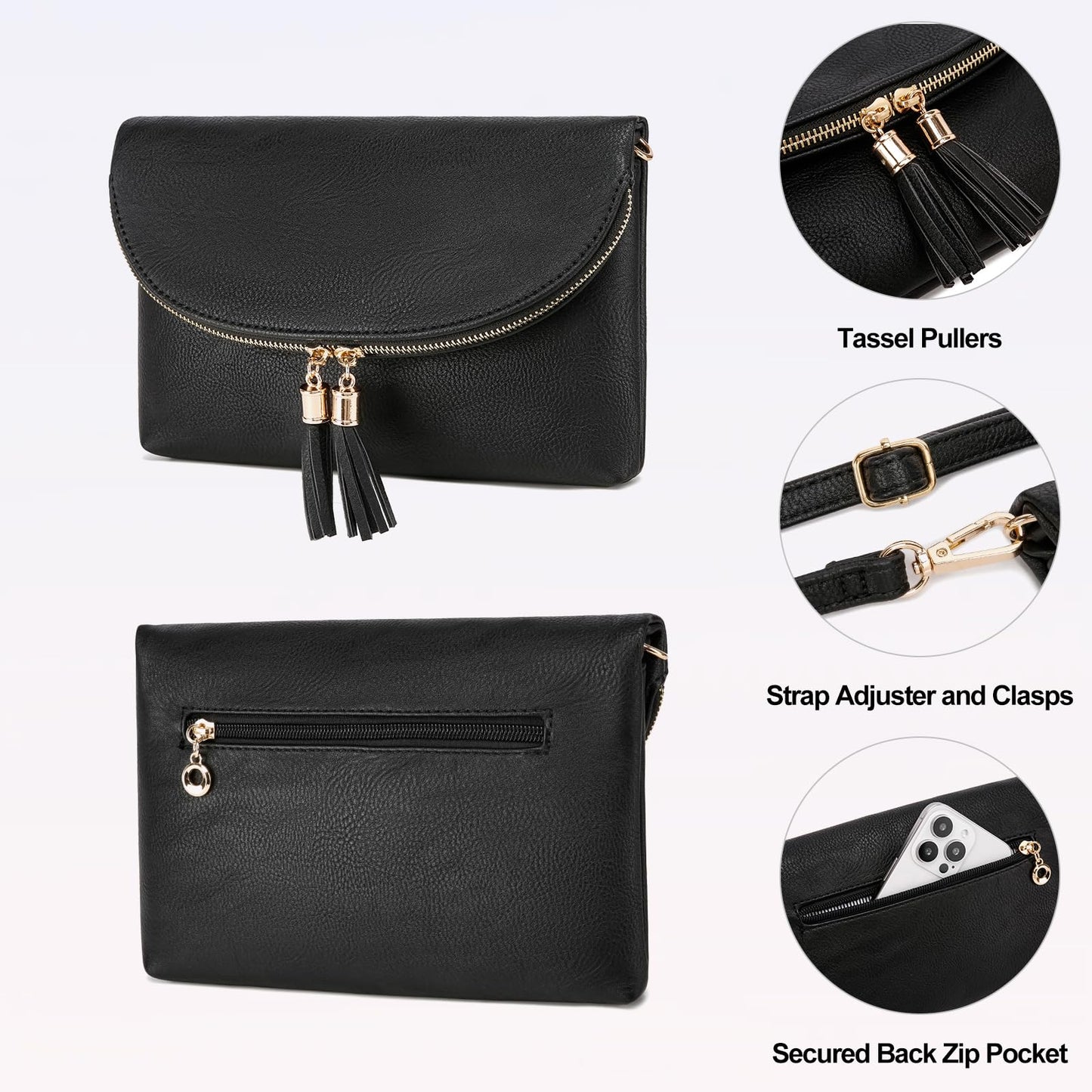 Solene Women's Envelop Clutch Crossbody Bag With Tassels Accent (WU075-Black)
