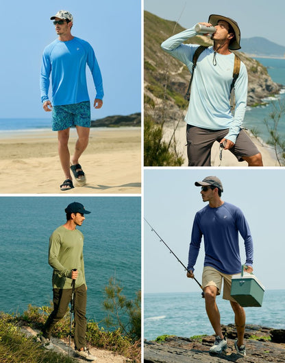 Pudolla Mens Sun Protection Shirts UV SPF T-Shirts UPF 50+ Long Sleeve Rash Guard Fishing Running Quick Dry(Sky Blue M)