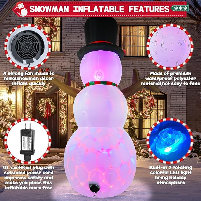 Snowman Inflatable Christmas Yard Decorations 8ft Giant Frosty Blow Up Snowman Inflatables Outdoor Rotating Colorful Led Lights Blowups Merry Xmas Winter Decor for Indoor Outside Lawn Vacation