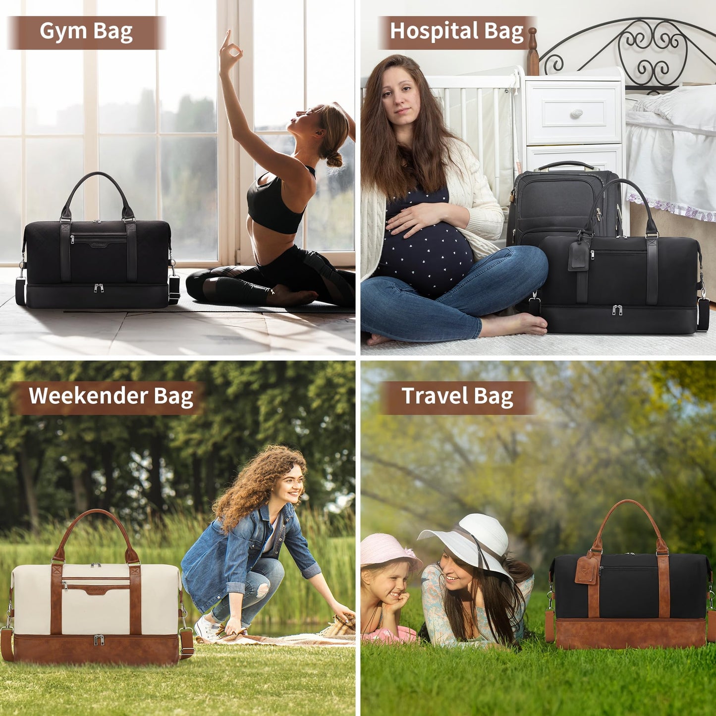 Oeihuivt Weekender Bags for Women - 21 Inch Large Travel Duffel Bag 3-Piece Set with Shoe Compartment, Heavy-Duty Canvas & Leather Carry On Overnight Tote (Airplane Approved)