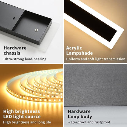 Upgrade Widened 2 Pack LED Outdoor Wall Lights, 57inch Modern Lighting Fixture, 3000K Warm White, IP65 Waterproof, 50W, White Acrylic, Black Minimalist Wall Mount Sconce for Balcony, Yard, Fence