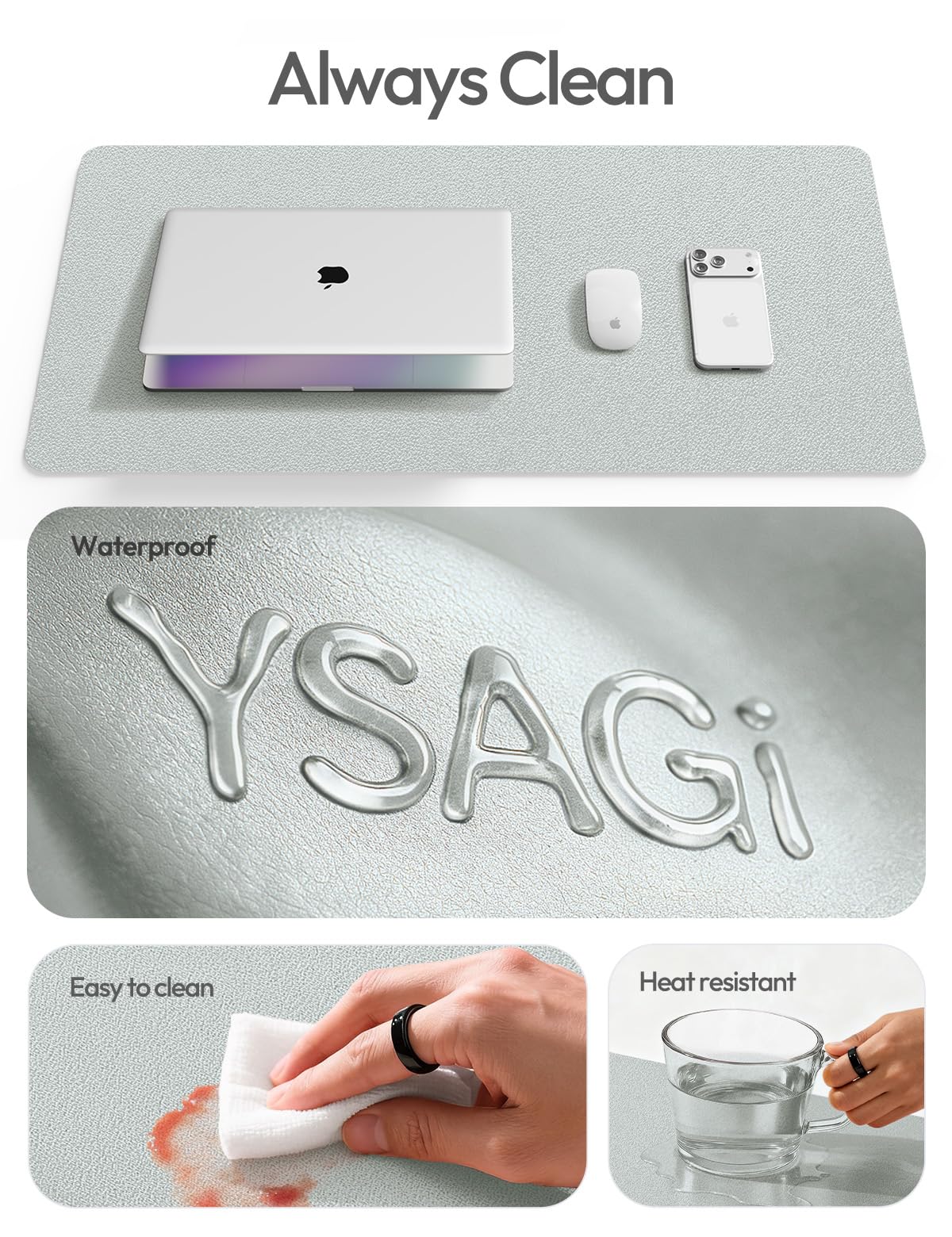 YSAGi Leather Desk Pad Protector, Office Desk Mat, Large Mouse Pad, Non-Slip PU Leather Desk Blotter, Laptop Desk Pad, Waterproof Desk Writing Pad for Office and Home (Silver, 47" x 17")