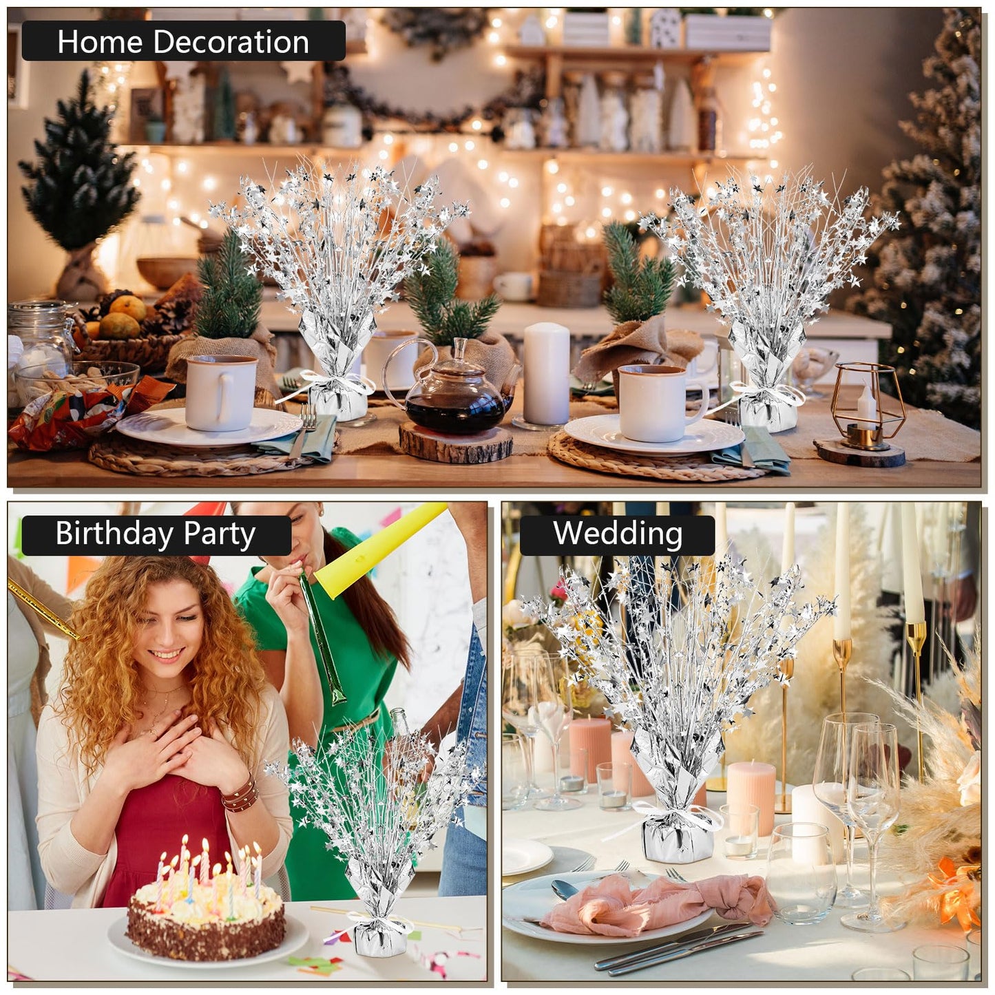 Crowye 3 Pieces Metallic Foil Spray Centerpiece Birthday Table Decoration Star Burst Centerpieces Graduation Table Decor for Birthday 2026 Party Holiday(Silver)