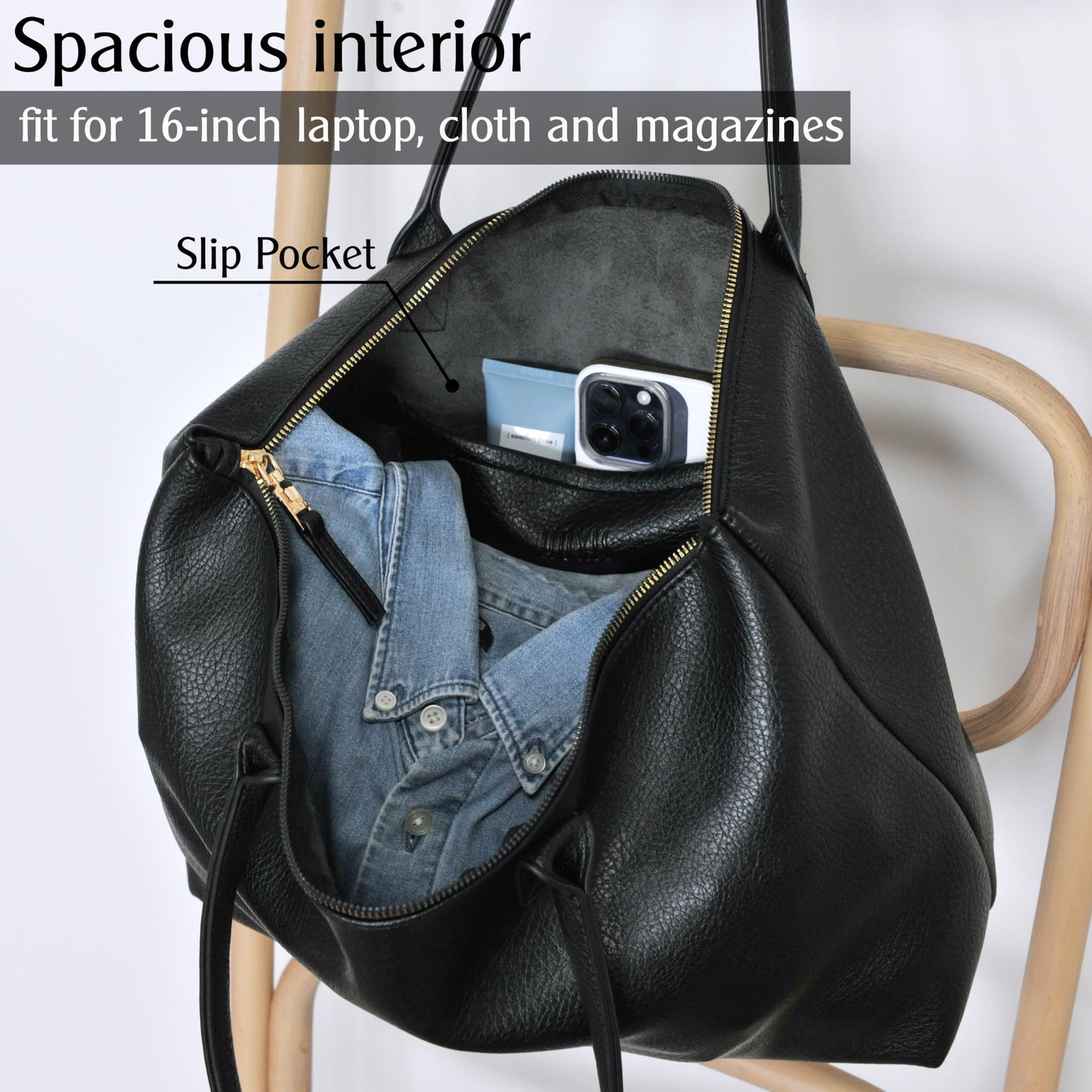 Tote Bag for Women with Zipper Vegan Leather Handbag with Trolley Sleeve Travel Weekender Carryall Bag (Black)